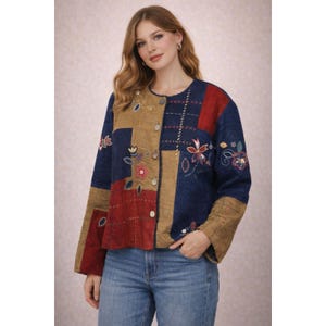 Vintage Koret City Blues Patchwork Embroidered Jacket Country Cardigan XL