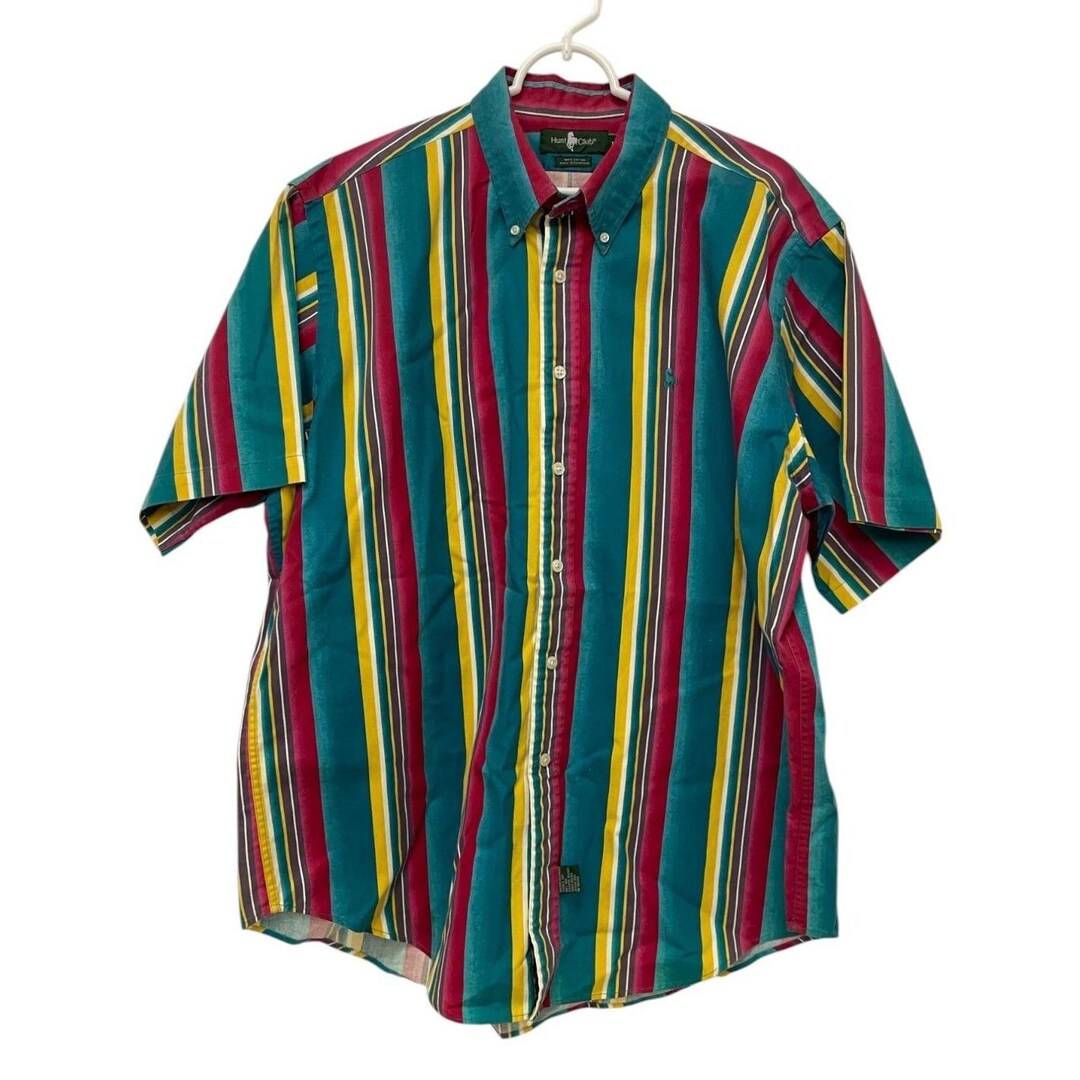 Hunt Club Button Down Shirt Mens XL Multi Stripe Cotton Short Sleeve Vintage