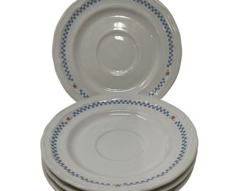 Vintage Moonlight Stoneware Saucers Blue Checkered Red Hearts 6.25" Set of 4