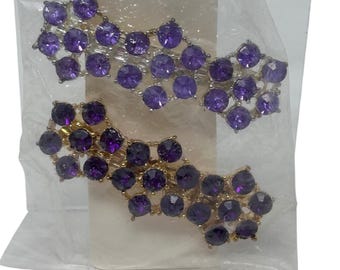 Purple Rhinestone Hair Barrette Set Silver and Gold Tone Crystal Clips 2pc