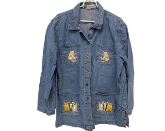 Passion Vintage Blue Denim Shirt Embroidered Cats Large Button Down Side Pocket