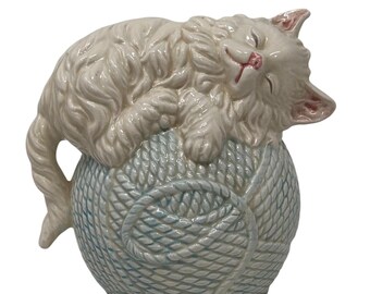 Vintage Ceramic Cat on Ball of Yarn Piggy Bank Made in Japan White Blue 5"