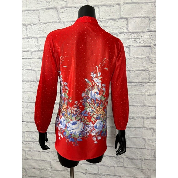 Vintage 70s Red Polka Dot Floral Mandarin Collar … - image 5