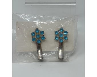 Blue Rhinestone Flower Hair Clips Vintage Silver Tone Set of 2 Alligator Style