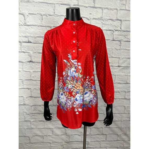 Vintage 70s Red Polka Dot Floral Mandarin Collar … - image 1