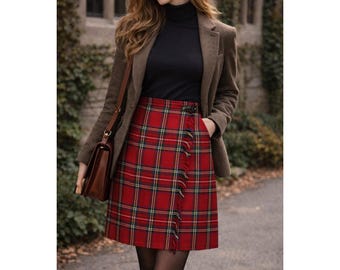 Rafaella Damen Wickelrock aus rot-kariertem Wollmischgewebe mit Fransen, Vintage-Stil, Größe 14