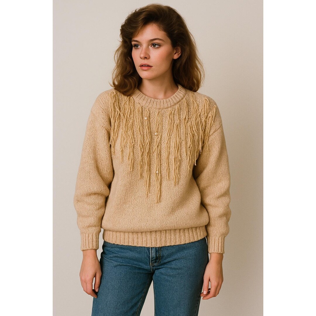 Lets Talk Sweater Womens M Ivory Fringe Detail Drop Acrylic