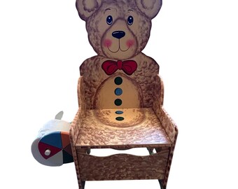 Vintage Wooden Teddy Bear Potty Chair Toilet Training Paper Holder Brown