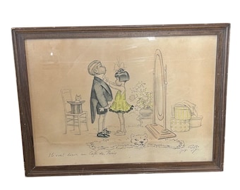 Vintage Georges Remon Französische Lithographie Cafe de Paris Gerahmte Kunst 19x14