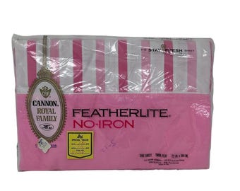 Cannon Vintage Featherlite Twin Flat Sheet Pink Stripe No Iron Muslin 70s NOS