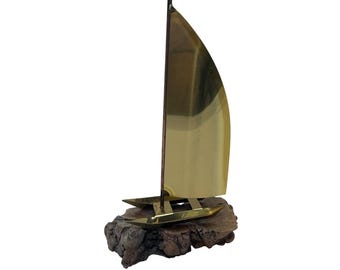 Vintage Brass Catamaran Sailboat Sculpture on Natural Burl Wood Base MCM Decor