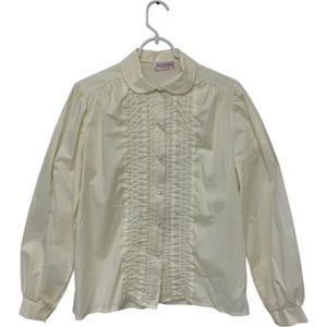 Vintage Pat Fashions Button Up Blouse Ivory Womens M Pleated Woven Retro Ruffle