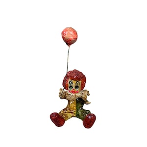 Vintage Paper Mache Creepy Clown Figurine Balloon Hand Painted Circus Decor 5&quot;