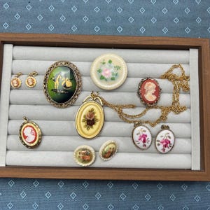 May include: A collection of vintage-style jewelry including oval and round brooches, pendants, and earrings. The pieces feature cameo profiles, floral motifs, and painted scenes of figures in gold-tone settings, displayed on a gray velvet tray.