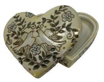 Roman Inc Heart Musical Jewelry Box Doves Floral Ceramic Cloisonné Vintage Works