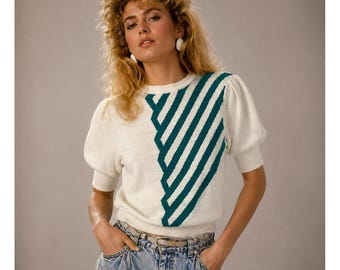 Maglione da donna Oleg Cassini avorio verde con maniche a sbuffo in maglia geometrica, stile vintage anni '80, taglia M