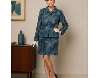 Vintage Colette Modes Round Tower Donegal Handwoven Tweed Skirt Suit Blue Green