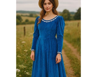 Vintage Blue Velvet Maxi Dress Long Sleeve Cottagecore Lace Trim Evening Gown