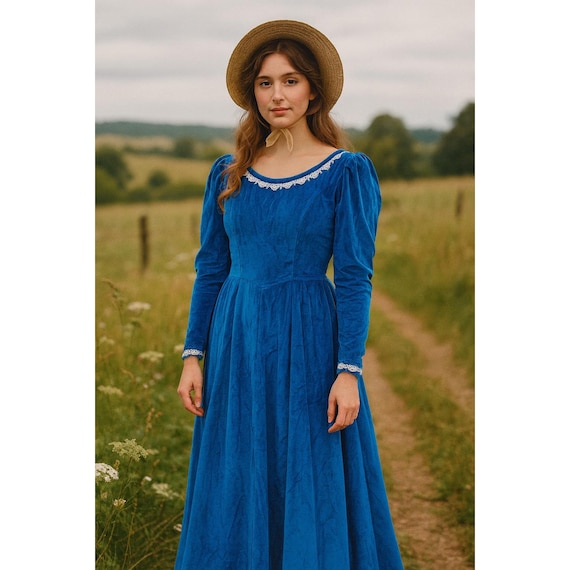 Vintage Blue Velvet Maxi Dress Long Sleeve Cottagecore Lace Trim Evening Gown