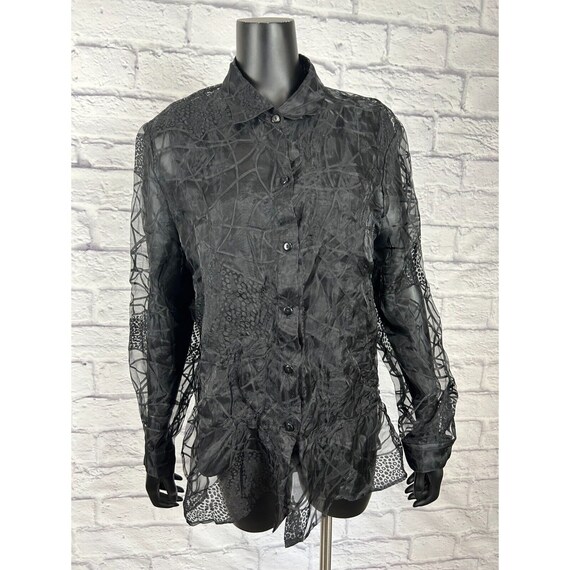 Joan Leslie Black Sheer Lace Abstract Print Butto… - image 1