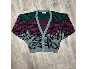 Tapas Knit Geometric Button Up Sweater V-Neck Acrylic Multicolor Men's Size XL
