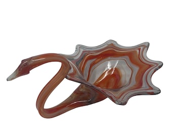 Vintage Hand Blown Art Glass Swan Bowl Orange Amber Swirl Ruffled Edge 17in