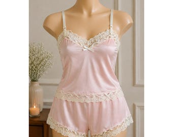 Vintage Pink Lace Camisole Nylon Tap Shorts Set Small Silky Lingerie Couete