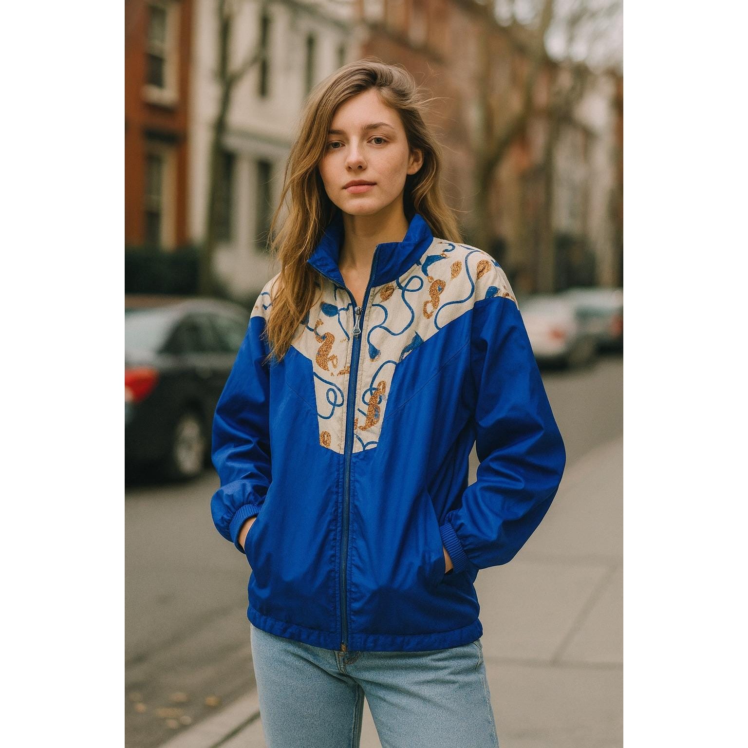 Casual Isle Windbreaker Jacket Vintage 90s S Royal Blue Gold 