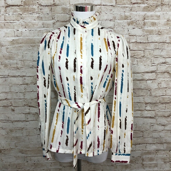 Vintage Watercolor Secretary Blouse Belted Ruffle Collar Sz 12 Jonquil Judy Bond