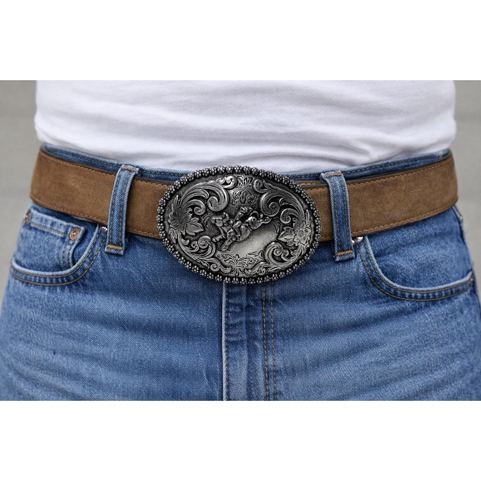 Nocona Brown Leather Western Belt Bronco Rodeo Silvertone  display picture 3