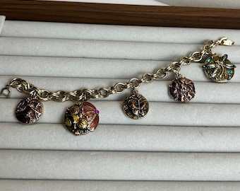 Monet Gold Tone Enamel Nature Charm Bracelet Dragonfly Bee Butterfly Vintage 7"