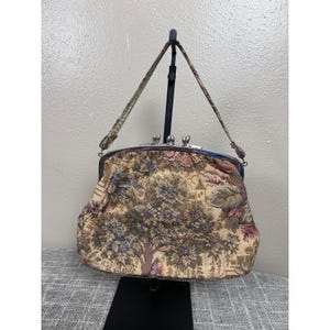Vintage Tapestry Purse Floral Tree Design Kiss Lock Closure Handbag