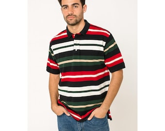 Basic Options Striped Polo Shirt Color Block Short Sleeve Vtg 90's Men's Large