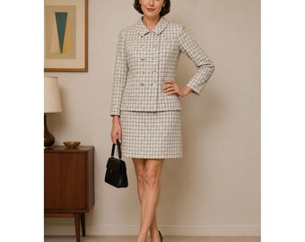 Vintage Lord & Taylor Windowpane Check Skirt Suit Set Cream Brown Classic Mod