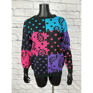 Eber Acrylic Pullover Colorblock Paisley Polka Dot Sweater Women&#39;s Large Vtg 80s