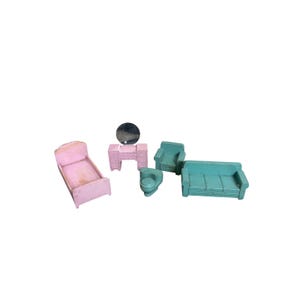 Vintage Miniature Dollhouse Furniture Set Pink Bed Blue Couch Vanity Chair Wood