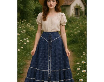 Vintage 70s Jessica's Gunnies Blue Floral Print Skirt Lace Gunne Sax 24" Waist