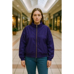 FuDa Silk Windbreaker Jacket Purple Womens PL Full Zip Studded Quilted Vtg 90s