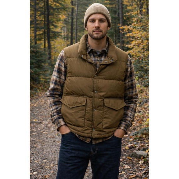 Vintage Woolrich Down Puffer Vest Tan Brown Nylon Snap Front Mens