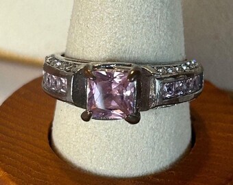 Sterling Silver 925 Pink Princess Cut Baguette Statement Ring Size 8