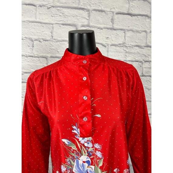 Vintage 70s Red Polka Dot Floral Mandarin Collar … - image 2