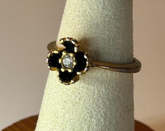 18K HGE Gold Electroplate Black Enamel Flower Ring Size 3.75 Clear Stone Vintage