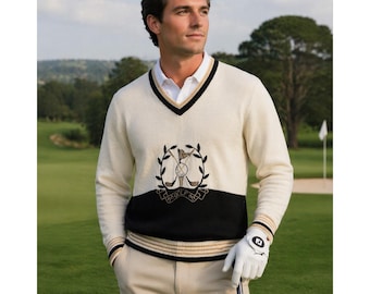 Quantum Sportswear Vintage Mens Golf Crest V-Neck Sweater Cream Knit L