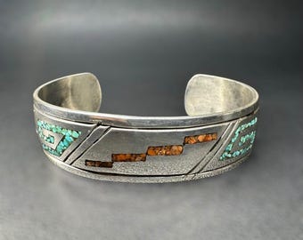 Pulseira estilo nativo americano vintage em prata de lei com incrustações de turquesa, 24,8g, 15,24 cm (6 polegadas).