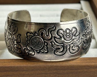 Sterling Silver Tibetan Eternal Knot Lotus Embossed Wide Cuff Bracelet S925