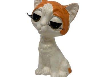 Vintage Ceramic Big Eye Kitty Cat Figurine Long Neck Orange Eyelashes Kitsch 7"