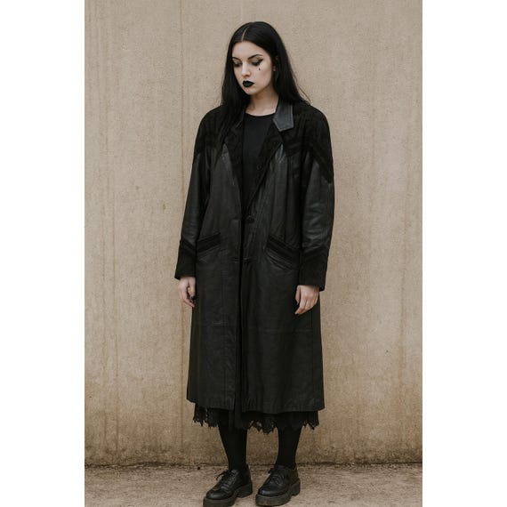Vintage 90s Black Leather Trench Coat Women's Large Long Jacket