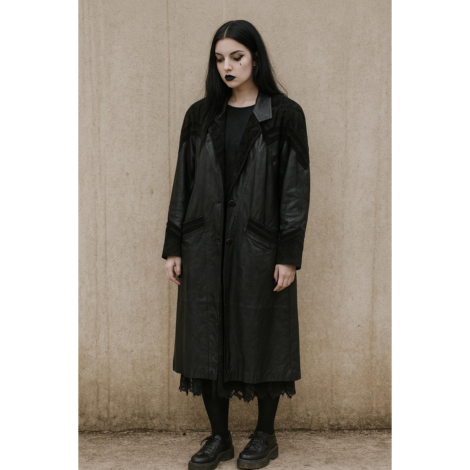 90s vintage ARTISAN 羊革 フォックスロングコート 黒 11号 Vintage 90s Black Leather Trench Coat Women's Large Long Jacket