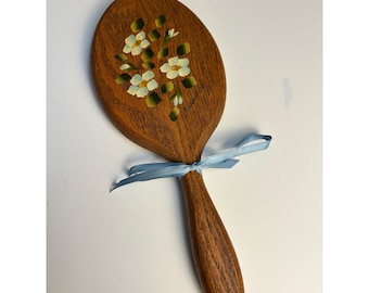 Vintage 1980s Hand Painted Floral Wooden Hand Mirror Cottagecore Folk Art 12"