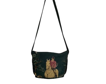 Equestrian Tapestry Shoulder Bag Forest Green Polo Horse Rider Woven Zip Vintage